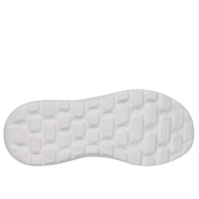 White sole viewed from below shows raised oval and rectangular grip patterns—designed for the Skechers Womens Slip In Go Walk Arch Fit N-Joy Taupe walking shoe., 49941, 49942, 199025245340, 49944, 199025245364, 49946, 199025245388, 49948, 199025245401, 49950