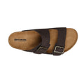 The Skechers Mens Aidan Leelan Arch Fit Sandal in chocolate brown features two adjustable straps and a cushioned, tan footbed for a relaxed fit, shown from above on a white background., 42063, 42064, 197976145870, 197976145894, 197976145917, 42068, 42069