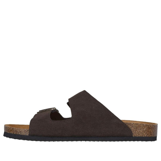 The Skechers Mens Aidan Leelan Arch Fit Sandal in chocolate brown features a relaxed fit, two adjustable straps, a cork footbed, black sole, and is shown in side profile against a white background., 42063, 42064, 197976145870, 197976145894, 197976145917, 42068, 42069