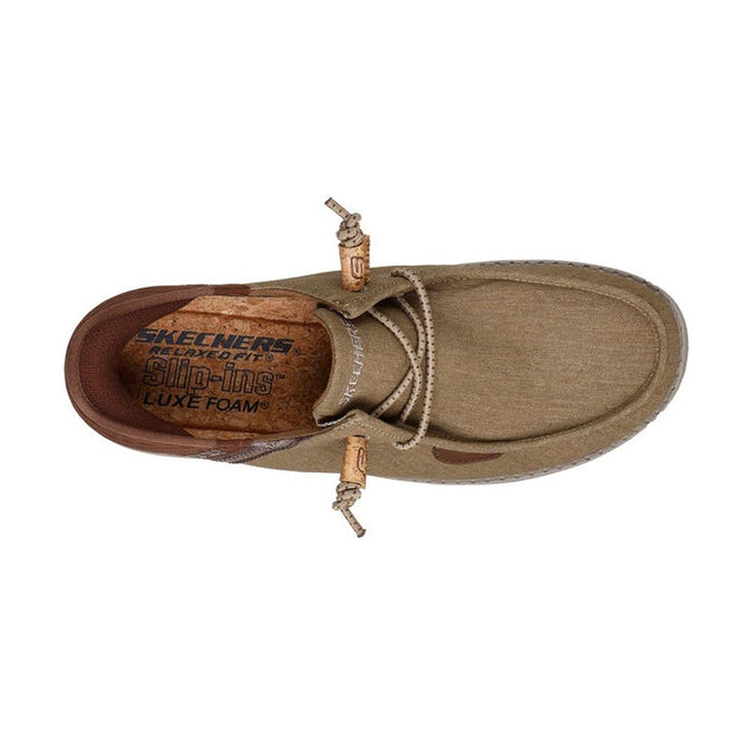 Top view of Skechers Mens Slip Ins Melson - Classy Moc Tan, featuring tan laces, a Luxe Foam insole, and Relaxed Fit design for all-day comfort in these casual men's slip-on shoes., 198376452049, 198376452056, 198376452063, 198376452070, 198376452087, 198376452094, 198376452100