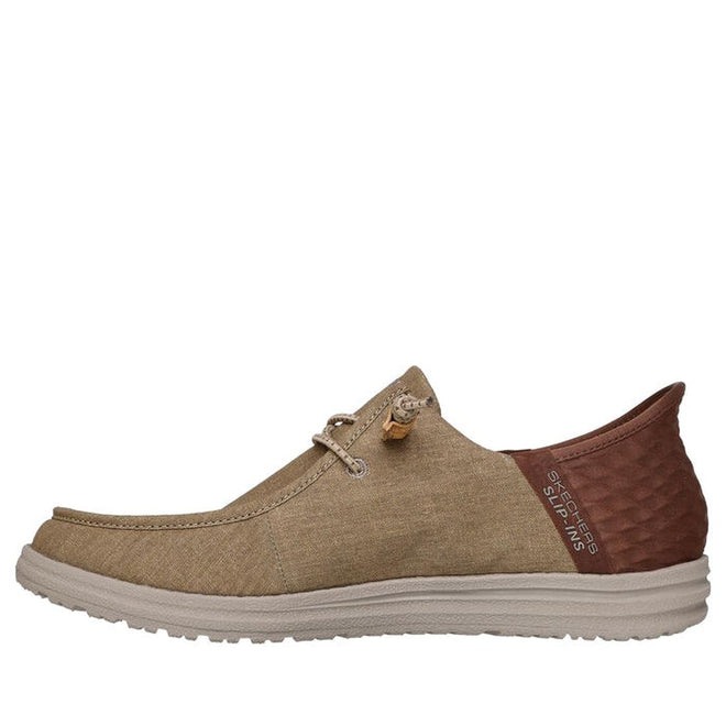 The Skechers Mens Slip Ins Melson - Classy Moc Tan is a casual slip-on shoe with a light tan fabric upper, brown textured heel, white sole, lace detail, Hands Free Slip-ins for easy wear, and a Relaxed Fit for all-day comfort., 198376452049, 198376452056, 198376452063, 198376452070, 198376452087, 198376452094, 198376452100