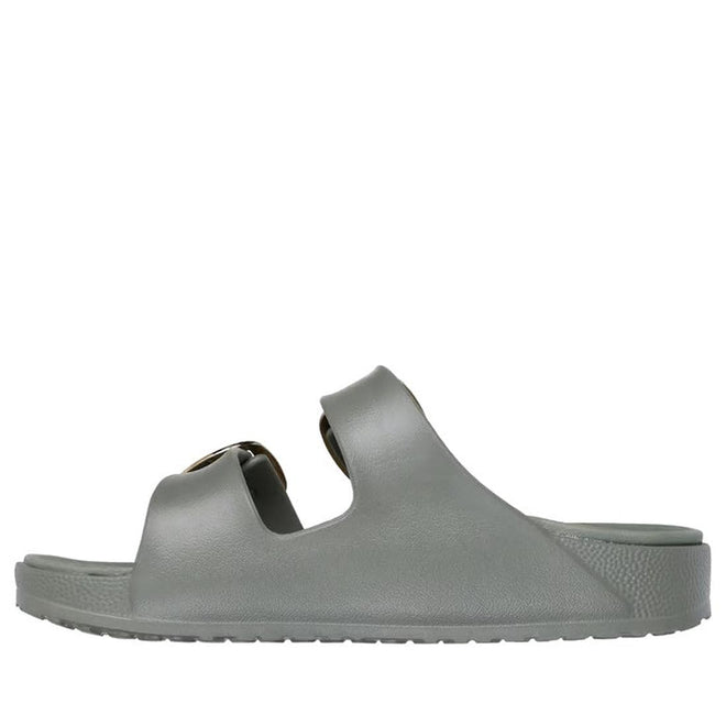 The Skechers Womens Arch Fit Foamies Cali Breeze Gold Star Slide in Olive features a gray contoured footbed, two wide top straps, and a flat sole, shown from the side against a white background., 49594, 197627655543, 197627655550, 197627655567, 197627655574, 49599, 49600