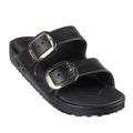 The Skechers Womens Arch Fit Foamies Cali Breeze Gold Star Slide in black features two wide straps with gold buckles, a textured sole, and a cushioned footbed for all-day comfort.