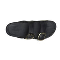 The Skechers Womens Arch Fit Foamies Cali Breeze Gold Star Slide Black sandal features two wide straps with gold buckles and a cushioned footbed, shown from a top-down view against a white background., 49587, 197627436340, 197627436357, 197627436364, 197627436371, 49592, 49593