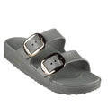 The Skechers Womens Arch Fit Foamies Cali Breeze Gold Star Slide Olive is an olive sandal with two wide straps, each featuring a gold buckle and a textured sole. These adjustable slip-ons offer casual comfort and style.