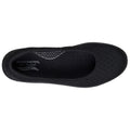 Top view of the Skechers Arch Fit Inspire Aubrey Black Ballet Flat, vegan slip-on with a rounded toe, cushioned midsole, and patterned insole featuring Air-Cooled Arch Fit branding on the heel., 197976550780, 51335, 197976550803, 51337, 197976550827, 51339, 197976550841, 197976550858, 197976550865