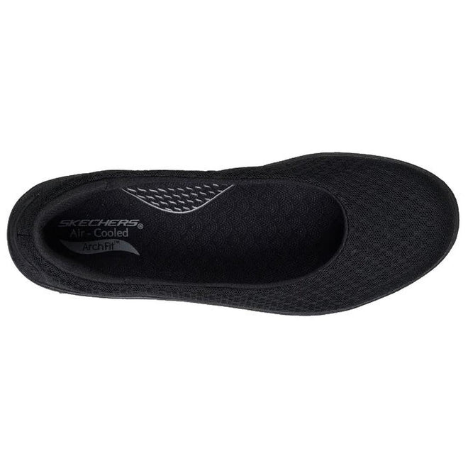 Top view of the Skechers Arch Fit Inspire Aubrey Black Ballet Flat, vegan slip-on with a rounded toe, cushioned midsole, and patterned insole featuring Air-Cooled Arch Fit branding on the heel., 197976550780, 51335, 197976550803, 51337, 197976550827, 51339, 197976550841, 197976550858, 197976550865