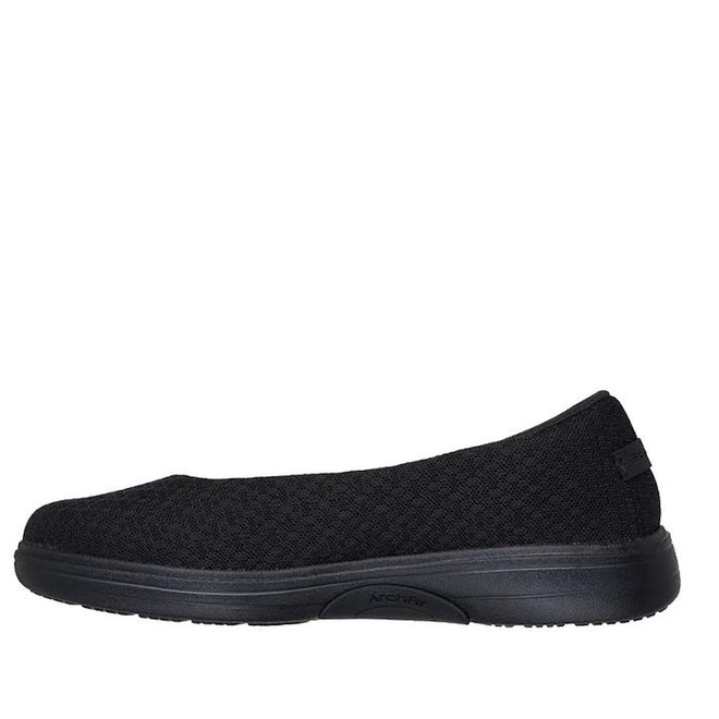 The Skechers Arch Fit Inspire Aubrey Black Ballet Flat features a textured vegan upper, thick cushioned midsole, and Arch Fit support. Shown in side profile on a white background., 197976550780, 51335, 197976550803, 51337, 197976550827, 51339, 197976550841, 197976550858, 197976550865