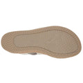 Beige sole with herringbone tread, subtle embossed writing, and textured edge for grip, designed for comfort in the Skechers Womens Arch Fit Beverlee Love Stays White Wedge Sandal., 49607, 195969731529, 195969731543, 195969731567, 195969731581, 195969731598