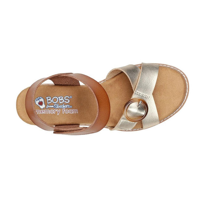 A top view of Skechers Bobs Womens Desert Kiss Hi Divine Garden Champagne Tan sandals with tan and metallic straps, a round buckle, vegan materials, and a cushy memory foam footbed., 195969581407, 40918, 195969581414, 40920, 195969581421, 40922, 195969581438, 195969581445, 40925