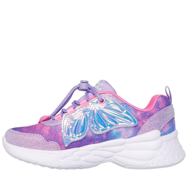 The Skechers Girls Light Ups Dream Racer Wings Lavender Pink features a chunky white sole, purple and pink gradient upper, shiny iridescent butterfly wing detail, lilac elastic laces, and light-up soles that make every step sparkle., 198376663322, 198376663346, 198376663360, 198376663384, 198376663407, 44527, 44528