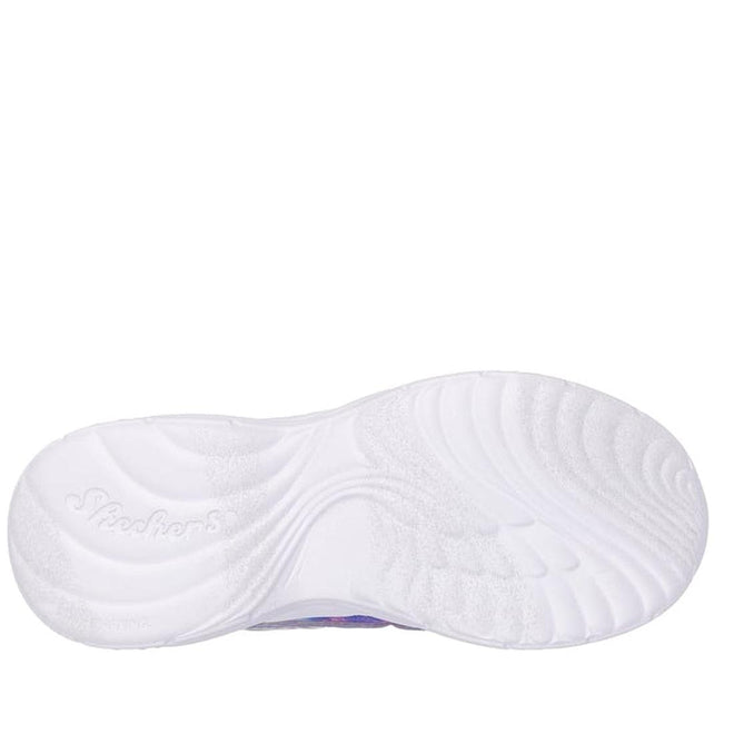 A white rubber sole with textured grip and "Skechers" on the heel, designed for Skechers Girls Light Ups Dream Racer Wings Lavender Pink from the Magical Collection., 198376663322, 198376663346, 198376663360, 198376663384, 198376663407, 44527, 44528
