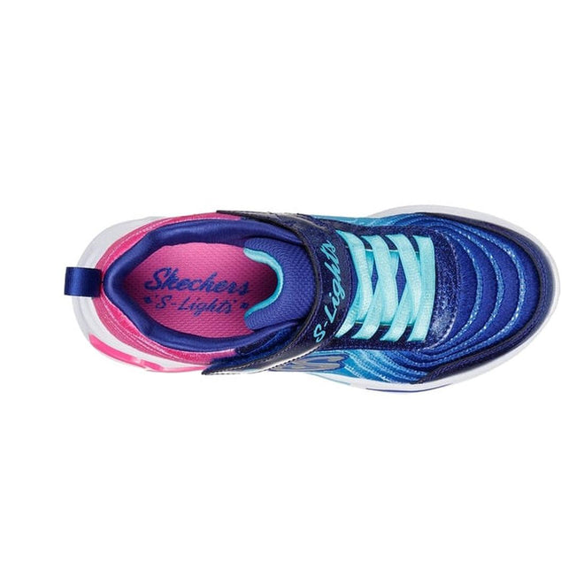 Top view of Skechers Girls Light Ups - Wavy Beams Ombre Express Navy Multi, featuring a blue and teal upper, turquoise laces, pink interior, and a hook-and-loop strap labeled S Lights for that signature lighted sneaker style., 44516, 197976390843, 197976390867, 44519, 44520, 44521