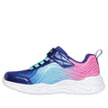 The Skechers Girls Light Ups - Wavy Beams Ombre Express Navy Multi features a vibrant ombre wavy design in blue, turquoise, and pink, a blue strap with laces, and a thick white textured sole—ideal for fans of light-up trainers., 44516, 197976390843, 197976390867, 44519, 44520, 44521