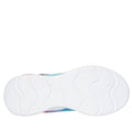 The Skechers Girls Light Ups - Wavy Beams Ombre Express Navy Multi features a white sole with wave-like grooves and textured patterns for grip, shown from the bottom with subtle multicolored accents along the outer edge., 44516, 197976390843, 197976390867, 44519, 44520, 44521