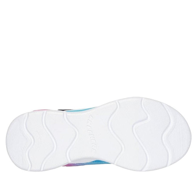 The Skechers Girls Light Ups - Wavy Beams Ombre Express Navy Multi features a white sole with wave-like grooves and textured patterns for grip, shown from the bottom with subtle multicolored accents along the outer edge., 44516, 197976390843, 197976390867, 44519, 44520, 44521