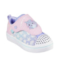 The Skechers Toddlers Twinkle Pets Light Up Sneakers Pink feature a pastel design with a sparkly pink strap, cute animal face, metallic toe studs, white sole, heart details, Twinkle Toes branding on the side, and fun light-up action.