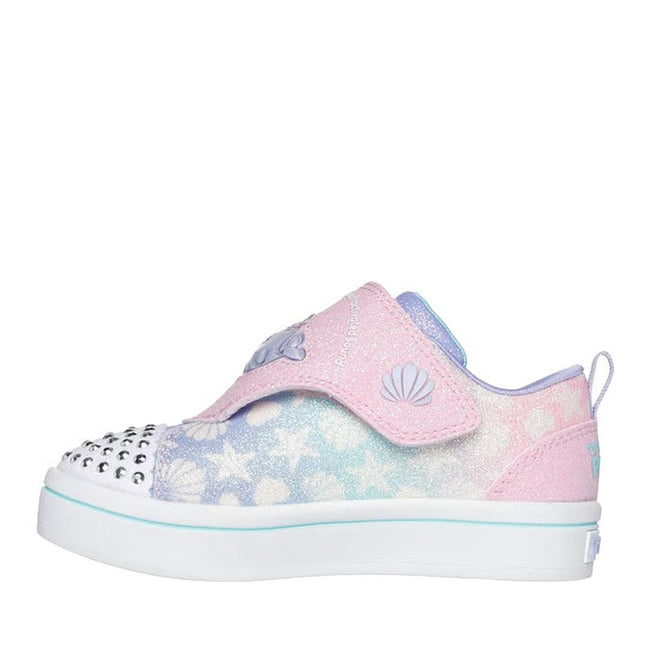 The Skechers Toddlers Twinkle Pets Light Up Sneakers in pink feature a pastel design with light-up details, mermaid and seashell accents, a shiny studded toe, pink strap, and blue, purple, and green gradients—perfect for little ones., 45478, 198376124434, 198376124441, 198376124458