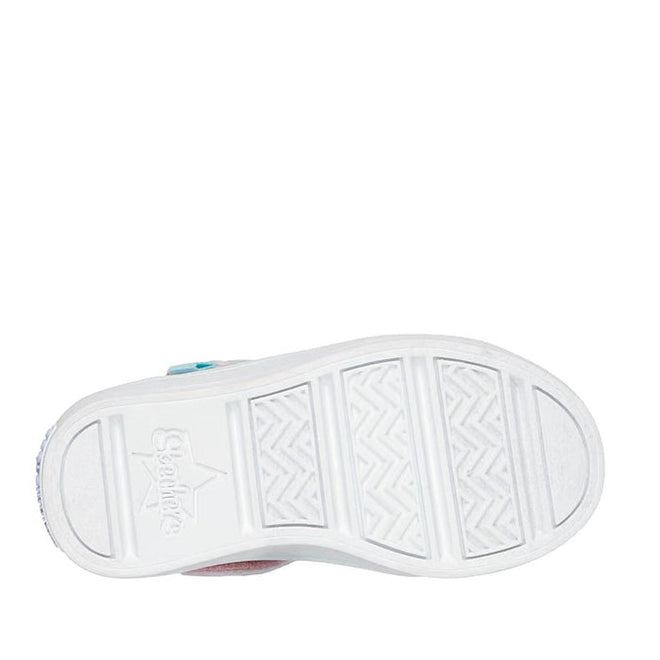 The image shows the bottom view of a white shoe sole with zigzag and rectangular patterns, plus the Skechers logo near the heel—ideal for kids’ sneakers like the Skechers Toddlers Twinkle Pets Light Up Sneakers Pink., 45478, 198376124434, 198376124441, 198376124458
