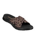 The Skechers GO WALK Flex Sandal Kat Slide in Black Leopard features a crisscross fabric strap in a black leopard print design, a contoured Memory Foam footbed for added comfort, and Skechers branding displayed on the upper strap.