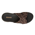 Top view of the Skechers GO WALK Flex Sandal Kat Slide in Black Leopard, featuring stylish brown and black leopard print crisscross straps. The insole displays “Skechers Goga Mat” in gold lettering atop a comfortable Memory Foam footbed. This sandal boasts a textured footbed and an open toe design, delivering all-day style and support.