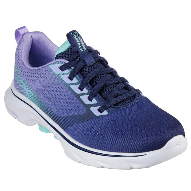 A shot of the right foot and front of a  navy and purple Skechers Go Walk 7 Hailey lace-up sneaker with a mesh upper and a white sole.
