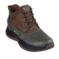 The Skechers John Deere Waterproof Respected Swamper Boots in olive brown are slip-ins with a leather and textile upper, rugged tread, sturdy sole, and branding on the tongue and side, inspired by classic waterproof duck boots.