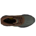 Top view of Skechers John Deere Waterproof Respected Swamper Boots in olive brown with a textured, waterproof toe and black sole. Inspired by classic duck boots, this slip-in style is built for rugged outdoor or work wear., 50410, 198376036836, 198376036850, 198376036874, 198376036898