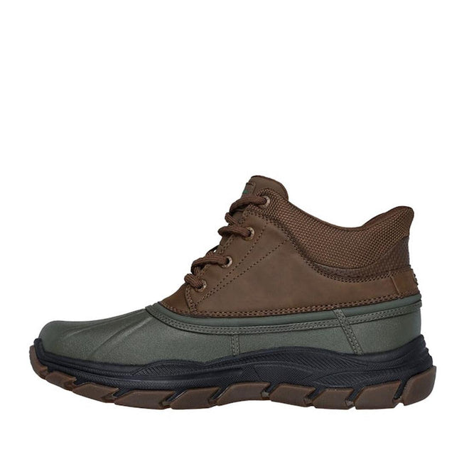 The Skechers John Deere Waterproof Respected Swamper Boots in olive brown feature a rugged black and brown sole, slip-in design, lace-up front, and textured upper panel, shown in left profile against a white background., 50410, 198376036836, 198376036850, 198376036874, 198376036898