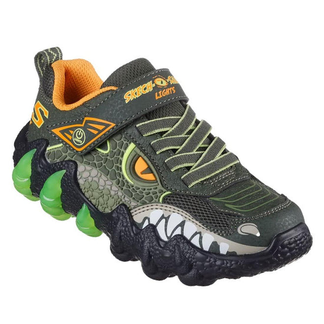 Children's dinosaur-themed shoe with green lights on a white background