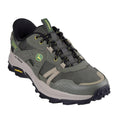 The Skechers John Deere Equalizer 5.0 Trail Harvester Slip-Ins Green features a rugged tread, yellow accents, side logo, mesh and synthetic upper, black and yellow laces, plus Air-Cooled Memory Foam for all-day comfort.
