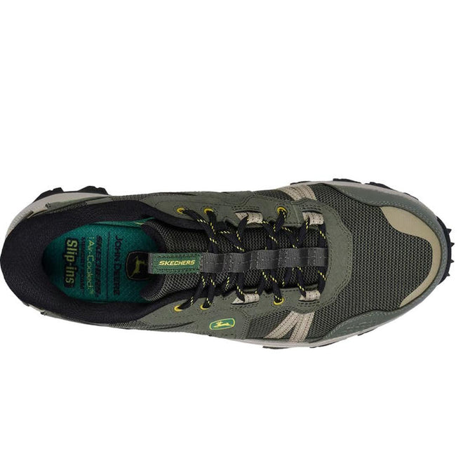 Top view of the Skechers John Deere Equalizer 5.0 Trail Harvester Slip Ins in green, featuring black and gray accents, yellow lace details, Air-Cooled Memory Foam comfort, and “Arch Fit” insole with a rugged textured design., 50552, 197976615144, 197976615168, 197976615182, 197976615205