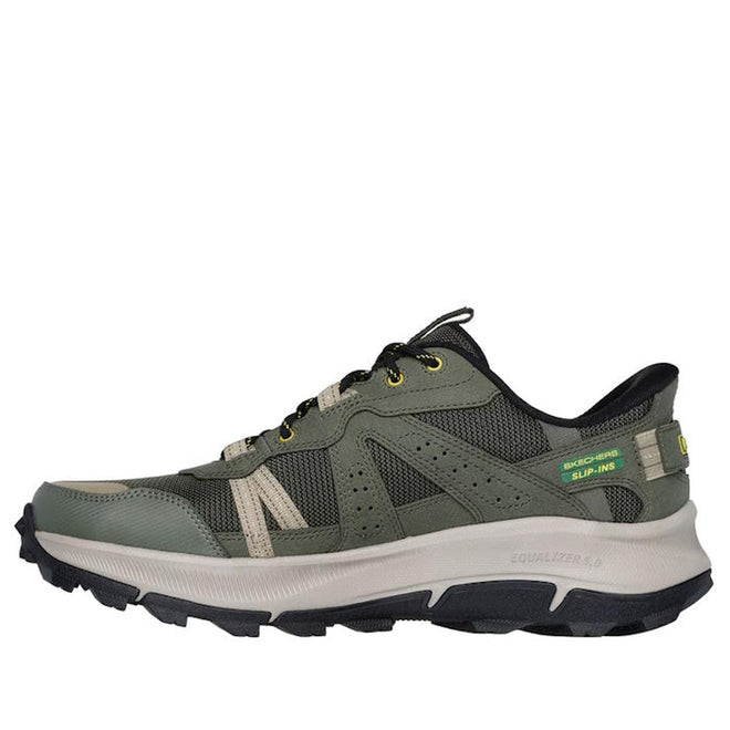 The Skechers John Deere Equalizer 5.0 Trail Harvester Slip Ins Green features a green and black design, chunky white sole, mesh and synthetic overlays, Air-Cooled Memory Foam, Hands Free Slip-ins, trail-inspired details, and rugged outsoles., 50552, 197976615144, 197976615168, 197976615182, 197976615205