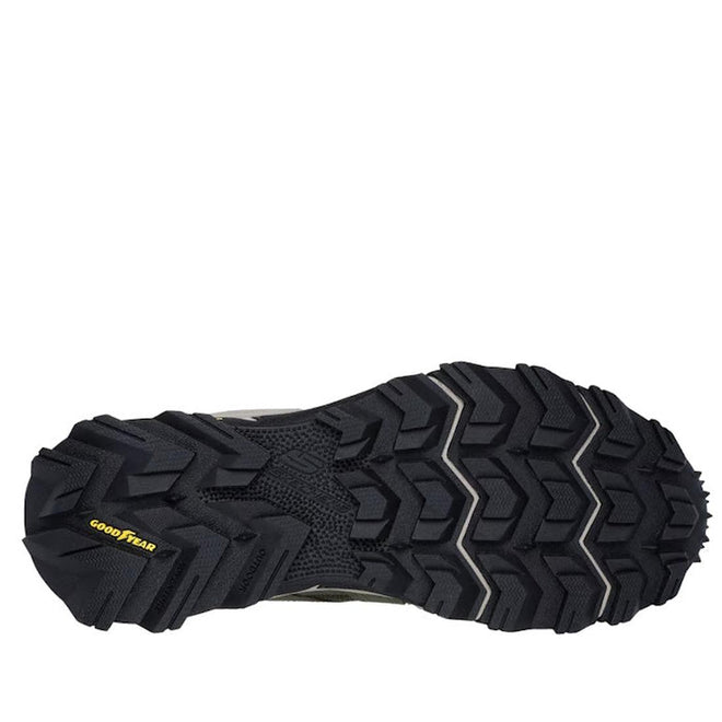 The Skechers John Deere Equalizer 5.0 Trail Harvester Slip Ins Green features a black rugged hiking sole with deep, patterned treads for traction, Goodyear rubber for quality, and Air-Cooled Memory Foam for sturdy comfort inspired by Hands Free Slip-ins., 50552, 197976615144, 197976615168, 197976615182, 197976615205