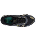 Top view of the Skechers John Deere Equalizer 5.0 Trail Harvester Slip Ins in grey, charcoal, and black with yellow accents, black laces with yellow specks, and a green insole labeled Air-Cooled Memory Foam and Slip Resistant., 50557, 50558, 197976615021, 197976615045, 50561