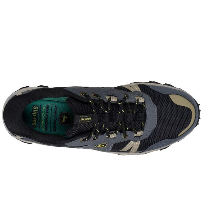 Top view of the Skechers John Deere Equalizer 5.0 Trail Harvester Slip Ins in grey, charcoal, and black with yellow accents, black laces with yellow specks, and a green insole labeled Air-Cooled Memory Foam and Slip Resistant., 50557, 50558, 197976615021, 197976615045, 50561