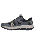 The Skechers John Deere Equalizer 5.0 Trail Harvester Slip-Ins in Grey, Charcoal & Black features mesh and synthetic materials, beige accents, chunky sole, lace-up front, Air-Cooled Memory Foam comfort, and Skechers Hands Free Slip-ins labeling., 50557, 50558, 197976615021, 197976615045, 50561