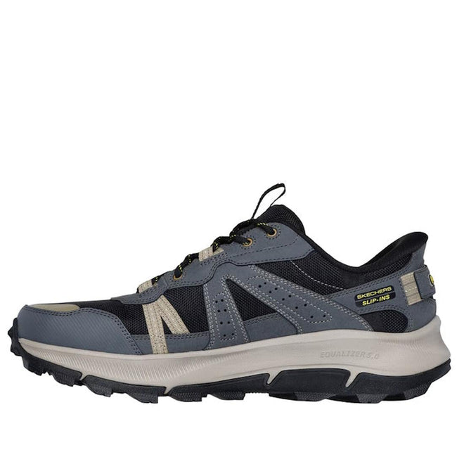 The Skechers John Deere Equalizer 5.0 Trail Harvester Slip-Ins in Grey, Charcoal & Black features mesh and synthetic materials, beige accents, chunky sole, lace-up front, Air-Cooled Memory Foam comfort, and Skechers Hands Free Slip-ins labeling., 50557, 50558, 197976615021, 197976615045, 50561