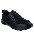The Mens Skechers Slip-ins Arch Fit Garza Rowan Shoe in black is a leather lace-up dress shoe with a thick rubber sole, inspired by the comfort of Skechers Hands Free Slip-ins and shown at a slight angle on a white background.