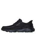 The Mens Skechers Slip-ins Arch Fit Garza Rowan Shoe in black features a smooth leather finish, thick cushioned sole, low ankle design, and lace-up style, shown from the side on a white background., 198739612622, 198739612646, 198739612660, 198739612684