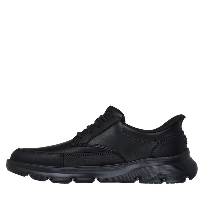 The Mens Skechers Slip-ins Arch Fit Garza Rowan Shoe in black features a smooth leather finish, thick cushioned sole, low ankle design, and lace-up style, shown from the side on a white background., 198739612622, 198739612646, 198739612660, 198739612684