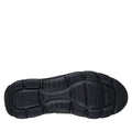 The Mens Skechers Slip-ins Arch Fit Garza Rowan Shoe in black features a rubber sole with a textured segmented tread for grip. "Skechers" is embossed at the center, showcasing the comfort and style of these hands-free slip-ins. White background., 198739612622, 198739612646, 198739612660, 198739612684