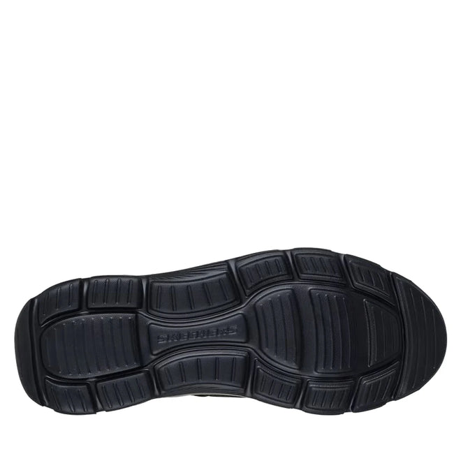 The Mens Skechers Slip-ins Arch Fit Garza Rowan Shoe in black features a rubber sole with a textured segmented tread for grip. "Skechers" is embossed at the center, showcasing the comfort and style of these hands-free slip-ins. White background., 198739612622, 198739612646, 198739612660, 198739612684