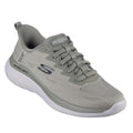 The Skechers Mens Slip-Ins Bounder 2.0 Maylon Trainer features a sage green mesh upper, memory foam cushioned white sole, lace-up front, and Skechers branding for comfort and style in a versatile men's athletic sneaker.