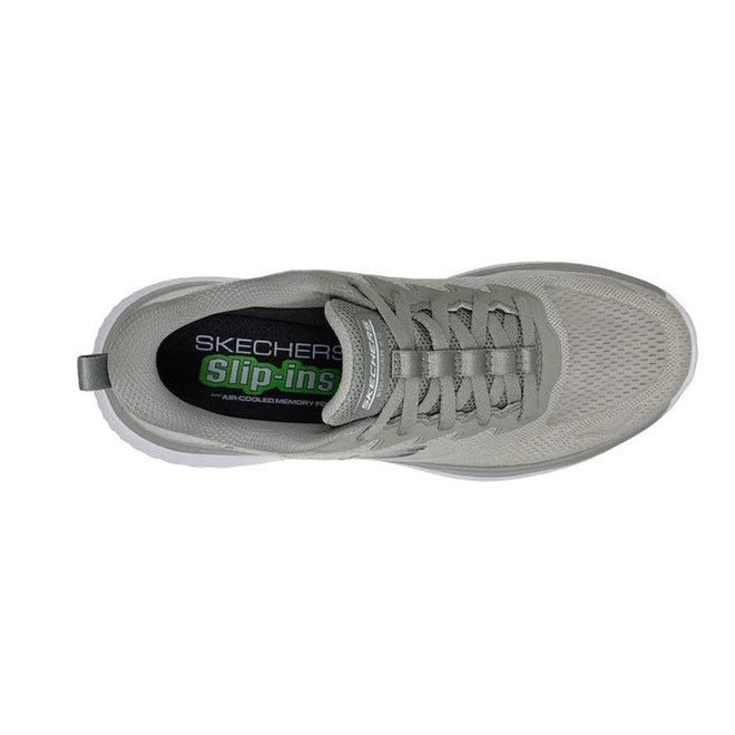 Top view of the Skechers Mens Slip Ins Bounder 2.0 Maylon Trainer in sage green with mesh fabric, laces, and a visible insole featuring Skechers Slip-ins Air-Cooled Memory Foam for extra comfort., 198739007268, 48234, 198739007282, 48236, 198739007305, 48238, 198739007329