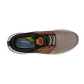 Skechers mens Delson 3.0 Cicada mens slip on Top Down View sneaker with brown and black design on a white background. Showing memory foam innersole andthe elastic no tie laces and mesh light grown beigh over the toe and padded heel.,
195969312018,
195969312032,, 46034, 195969312018, 195969312032, 46037
