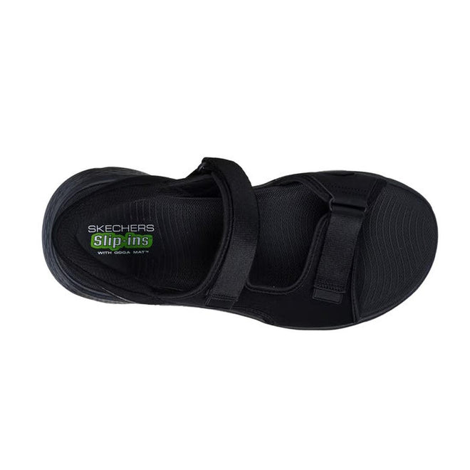 Top view of Skechers Mens Go Walk Flex SD Easy Entry Slip In Sandals in black, featuring two adjustable straps, Skechers branding with green accents on the insole. Ideal for men seeking comfortable slip-in sandals., 48219, 48220, 48221, 198376833930, 198376833947, 198376833954, 48225