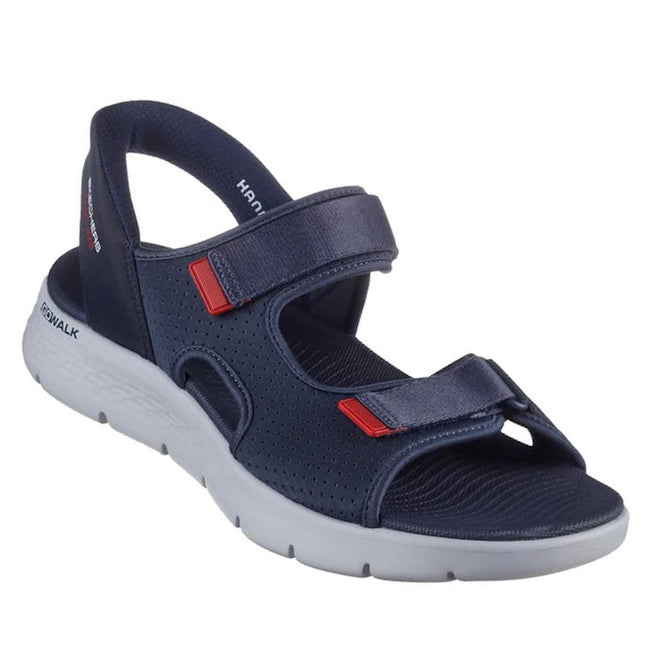 The Skechers Mens Go Walk Flex SD Easy Entry Slip In Sandals Navy feature adjustable Velcro straps, red accents, and a white sole for comfort and casual style—ideal slip in sandals for men.