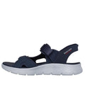 The Skechers Mens Go Walk Flex SD Easy Entry Slip In Sandals in navy feature adjustable straps and a thick, white textured sole, shown in side profile against a white background., 48226, 48227, 48228, 198376834012, 198376834029, 48231, 48232