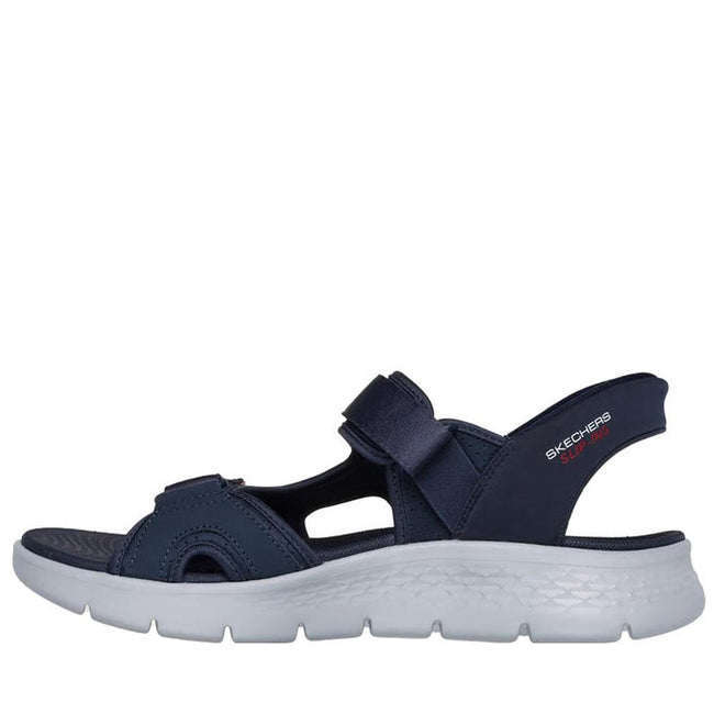 The Skechers Mens Go Walk Flex SD Easy Entry Slip In Sandals in navy feature adjustable straps and a thick, white textured sole, shown in side profile against a white background., 48226, 48227, 48228, 198376834012, 198376834029, 48231, 48232